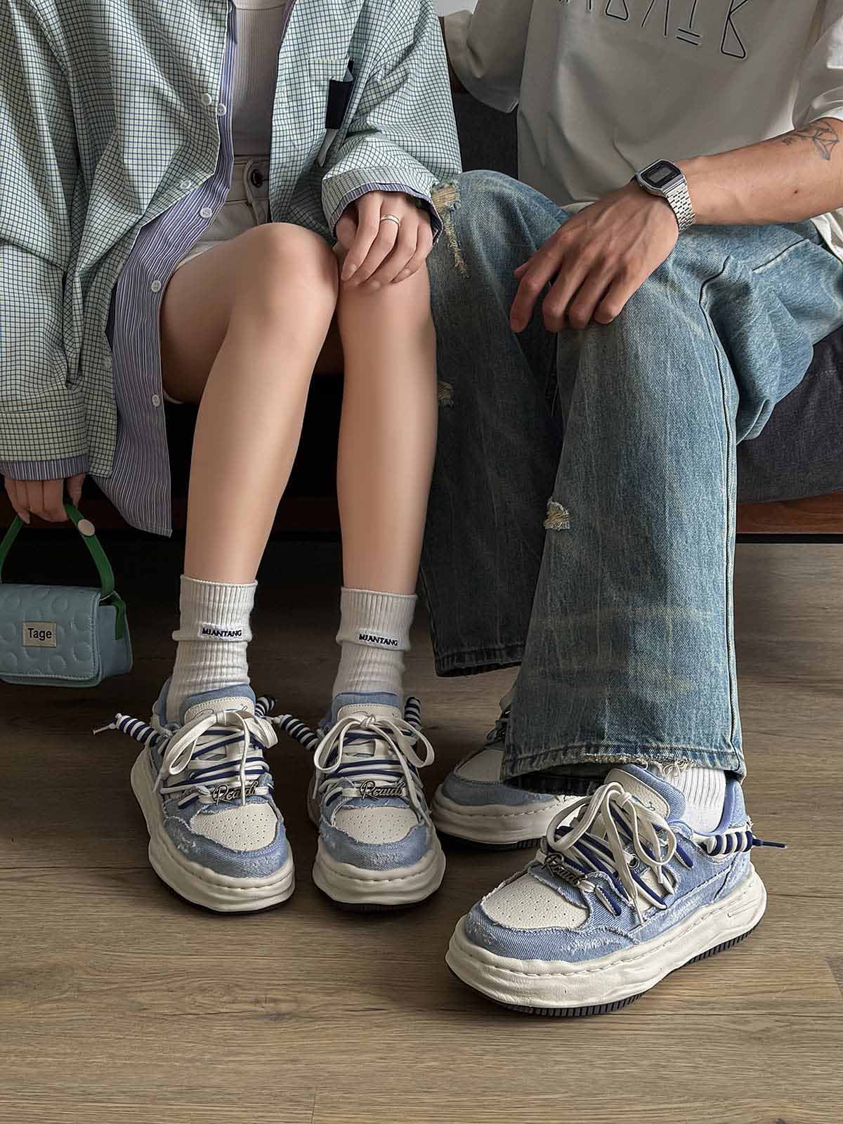 Retro Washed Denim Low Top Platform Sneakers