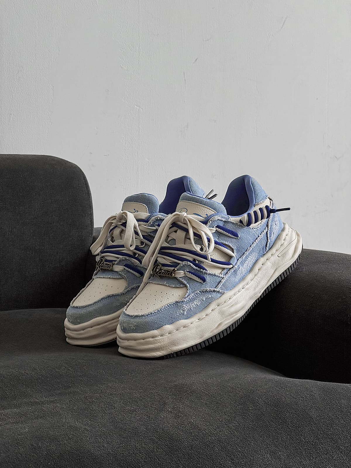 Retro Washed Denim Low Top Platform Sneakers