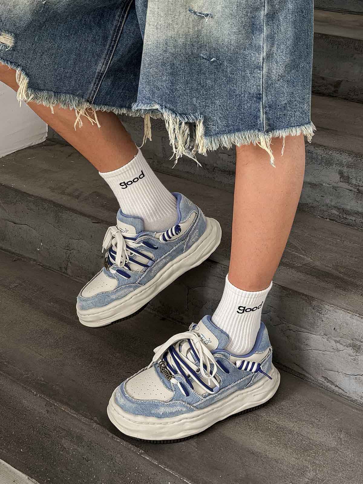 Retro Washed Denim Low Top Platform Sneakers